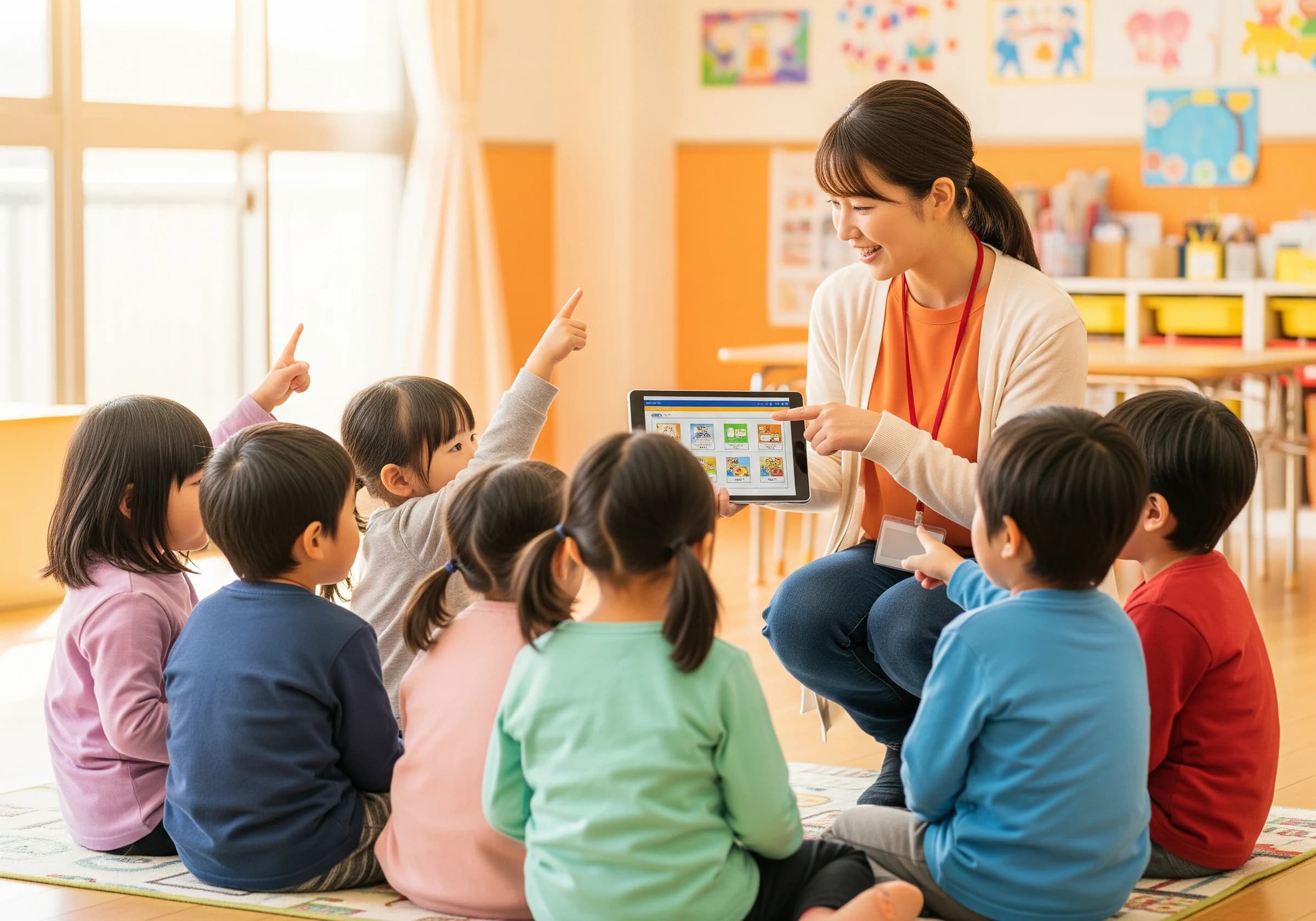 タブレットを囲む園児たちと講師